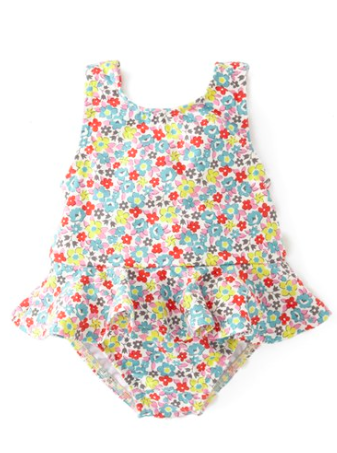 Mini Boden Floral Ruffled Swimsuit.