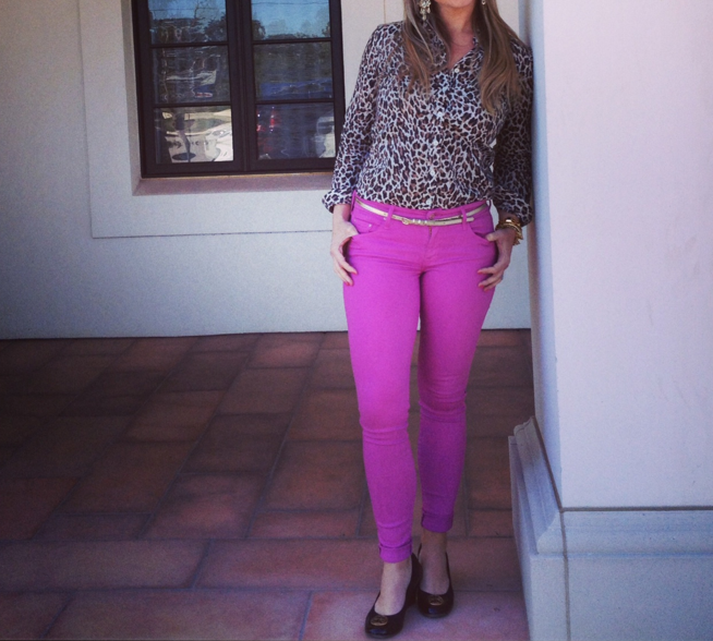 Lauren paired a neutral animal print blouse with pop color skinnies, to "tone" down the bright color for cooler temps.