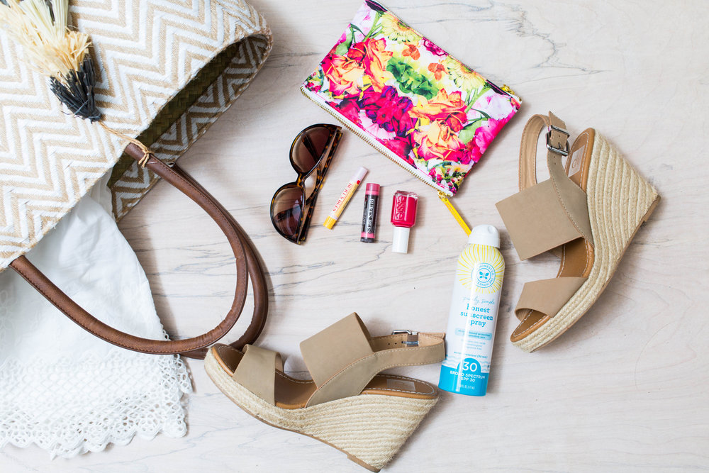  outfit details ::  chevron tote  //  dress  //  wedges  //  sunnies  //  cosmetic pouch  //  sun spray  //  nail polish  //  chap stick  //  lip shimmer  